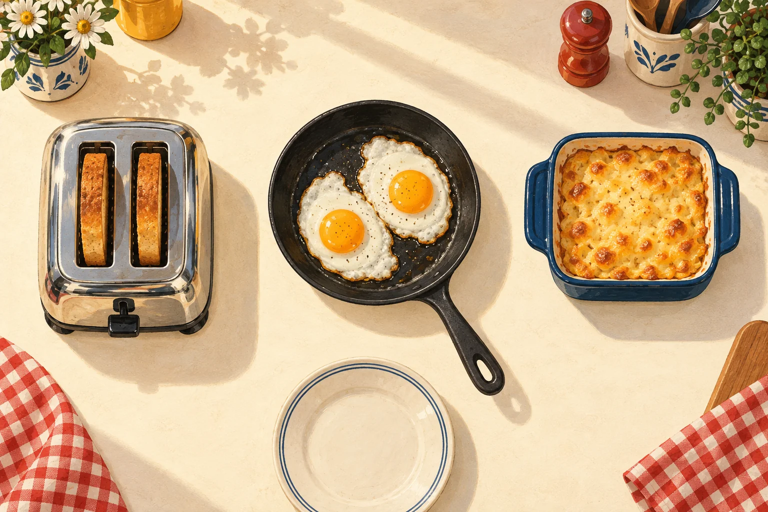Original painted breakfast counter with a chrome toaster, eggs in a frying pan, and a blue cheese dish