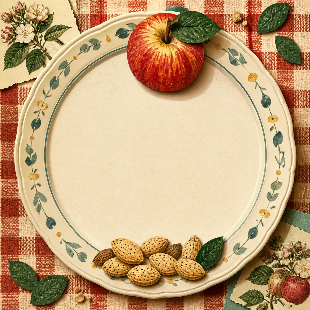 A paper-collage apple and almonds surrounding a cream ceramic plate