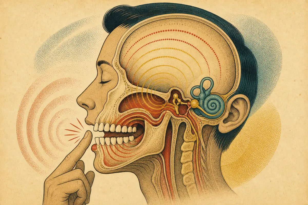 Mid-century cutaway illustration of a head with resonance travelling from the teeth to the inner ear