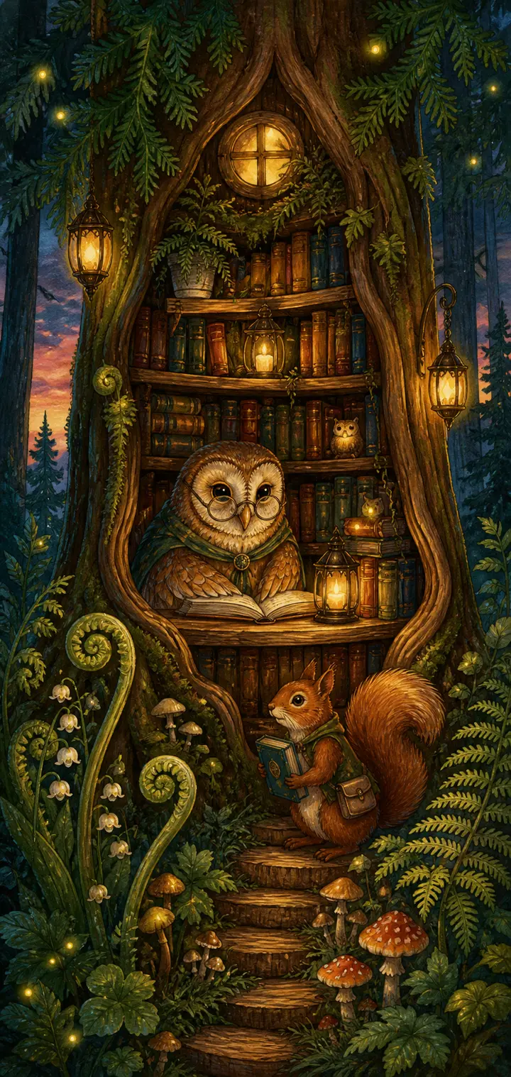 A spectacled owl and book-carrying squirrel at a lantern-lit library inside a cedar tree