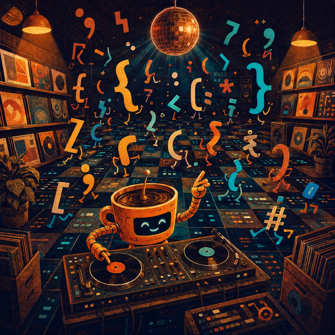 An original screenprint illustration of a coffee-cup robot DJ conducting dancing code symbols in a record shop