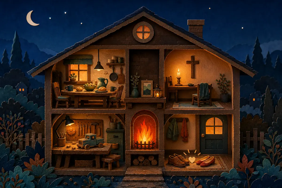 A hand-cut paper house at blue hour, with a kitchen, prayer corner, workshop, front hall, and glowing central hearth