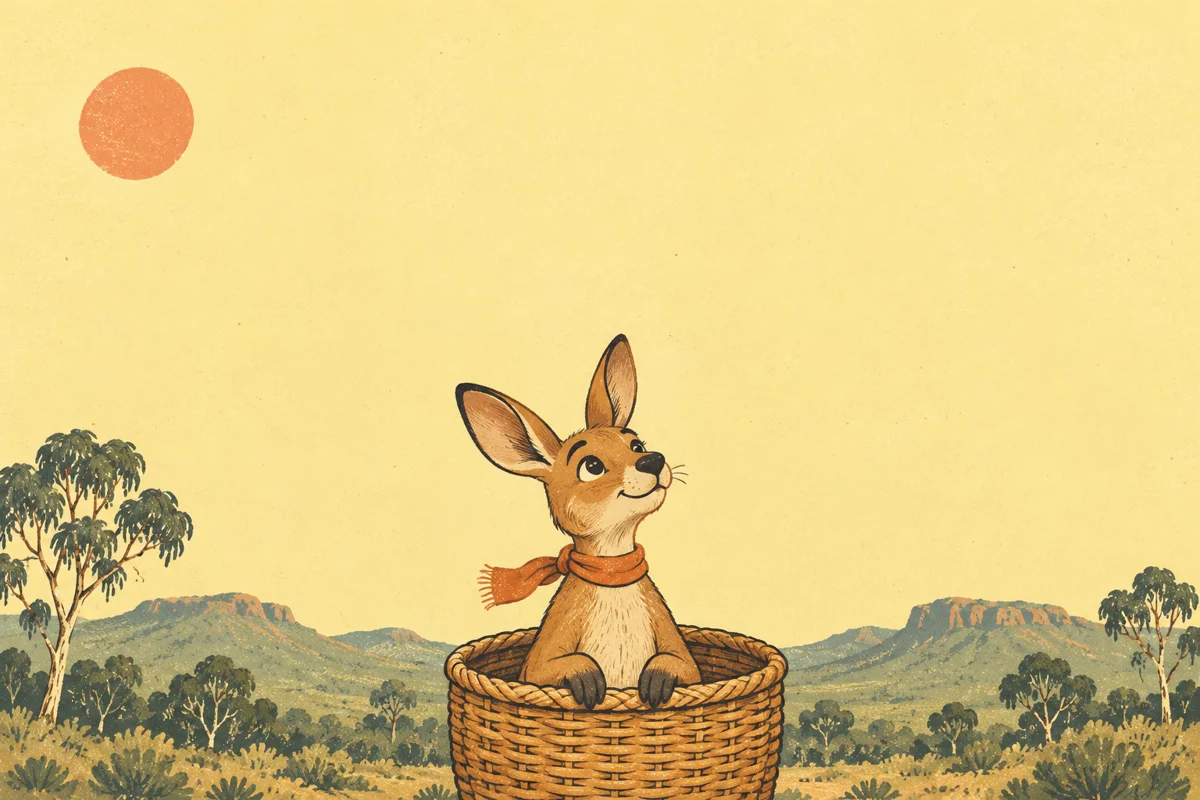 Original storybook illustration of a scarf-wearing kangaroo in a basket over eucalyptus hills