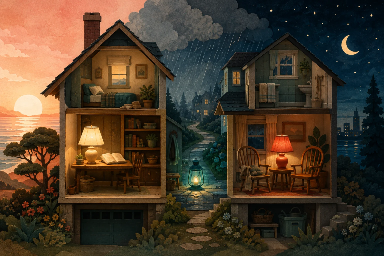 A handcrafted house diorama passing from dawn through rain into a starlit evening, illuminated by three lamps