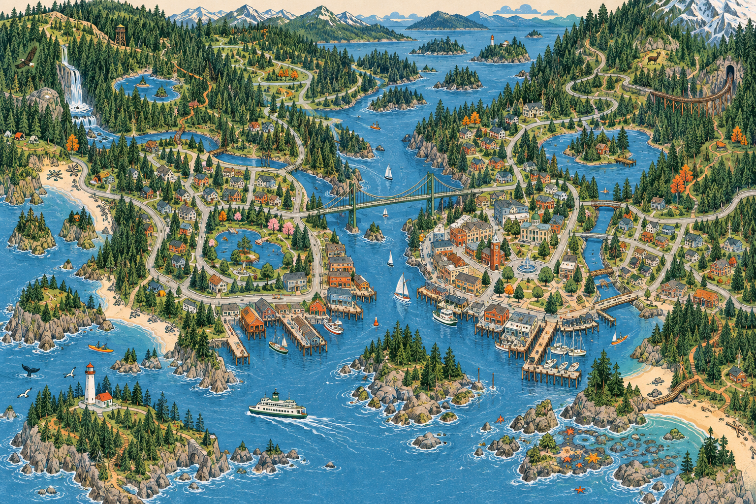 An illustrated map of a coastal Pacific Northwest town
