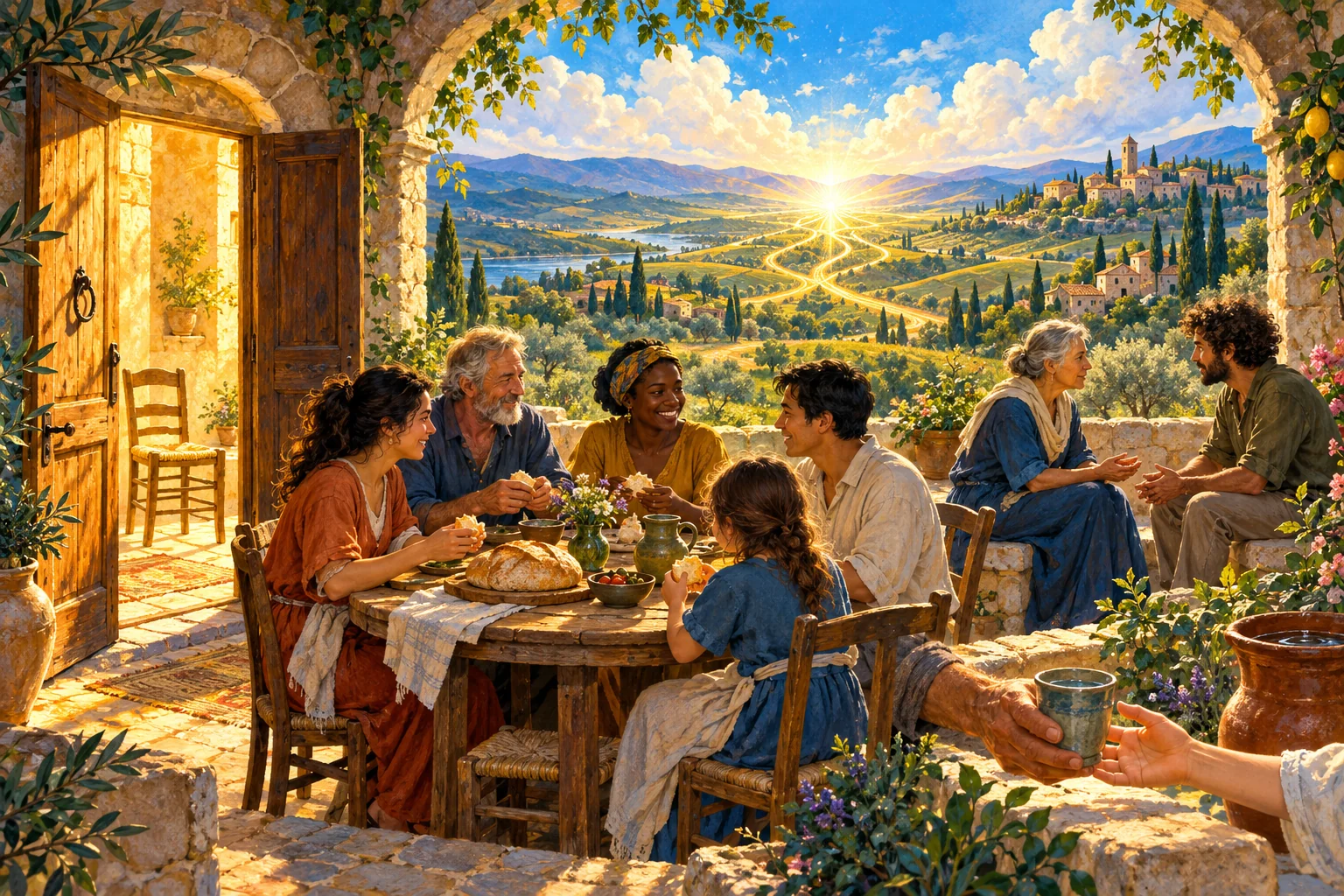 A painted open archway overlooking green hills, with a welcoming chair, a shared table, two friends listening, paths meeting in light, and hands sharing water.