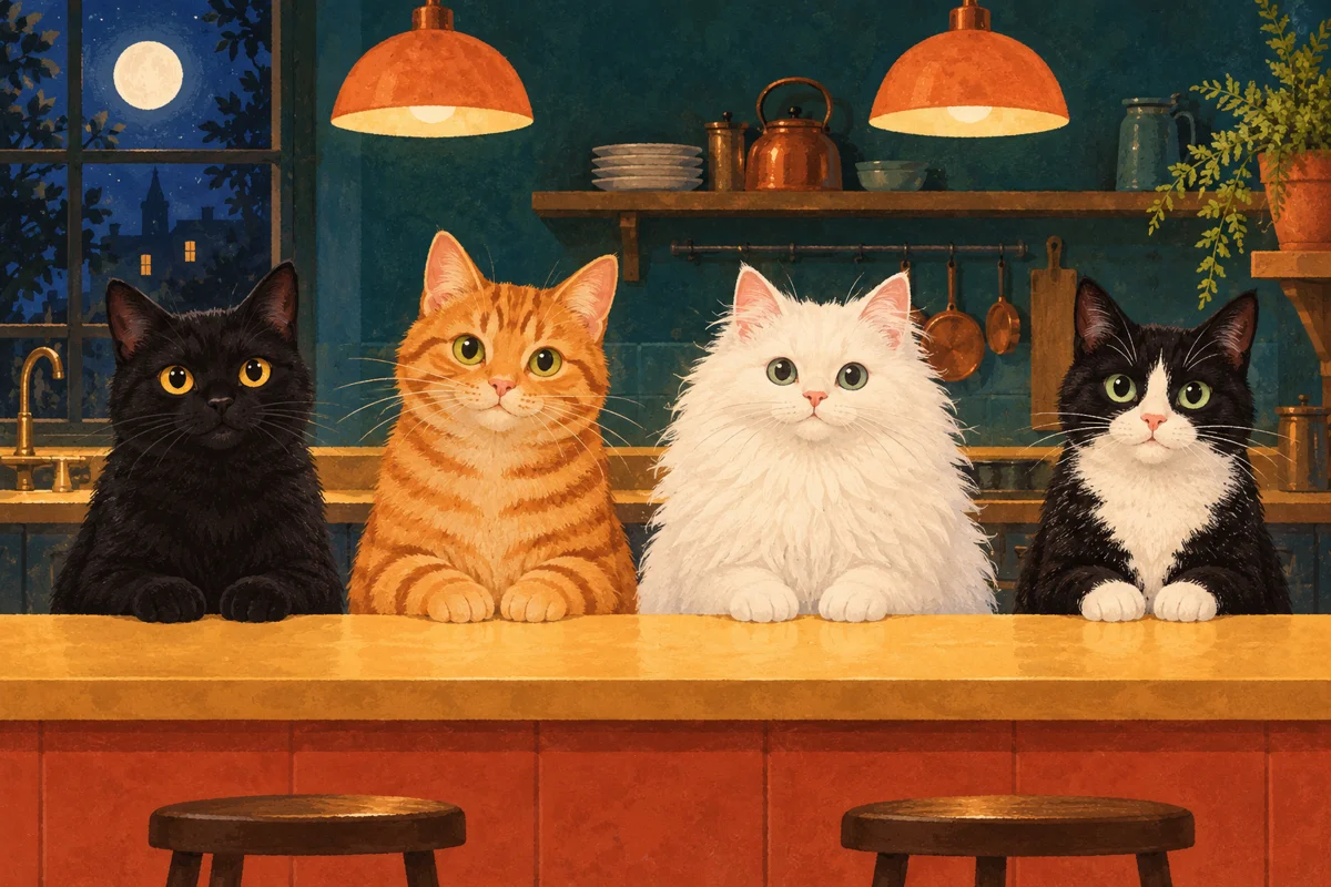 The supper club regulars: Pepper the black cat, Marmalade the ginger tabby, Cloud the white cat, and Socks the tuxedo cat.