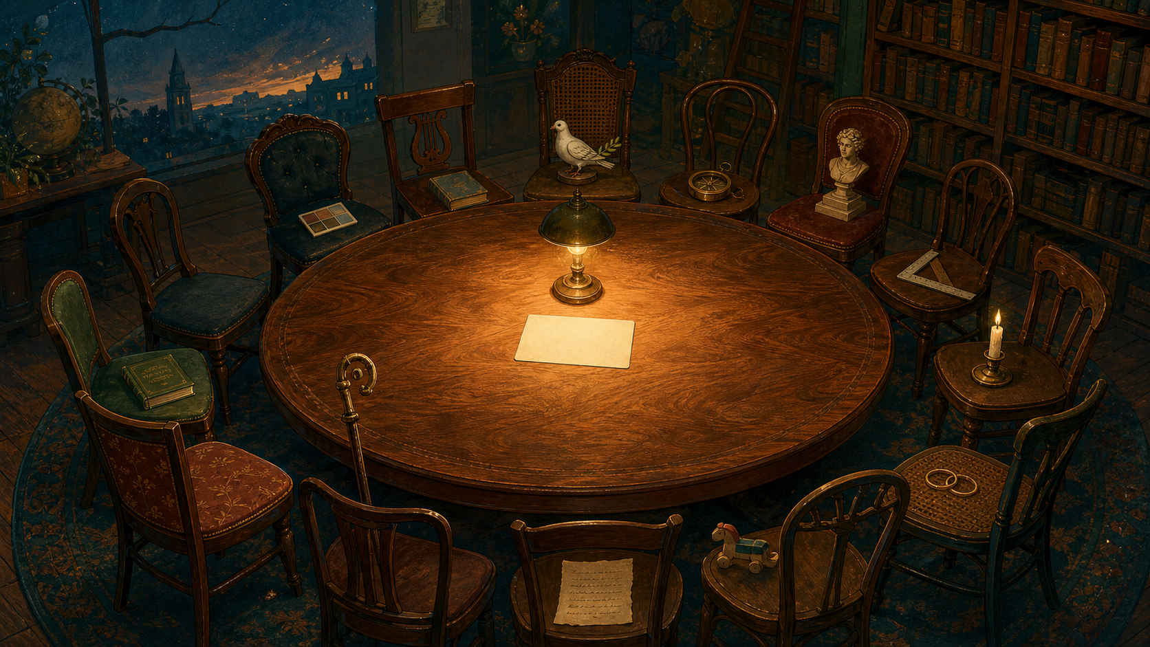 An empty walnut council table in a lamplit library, with symbolic objects waiting on the chairs