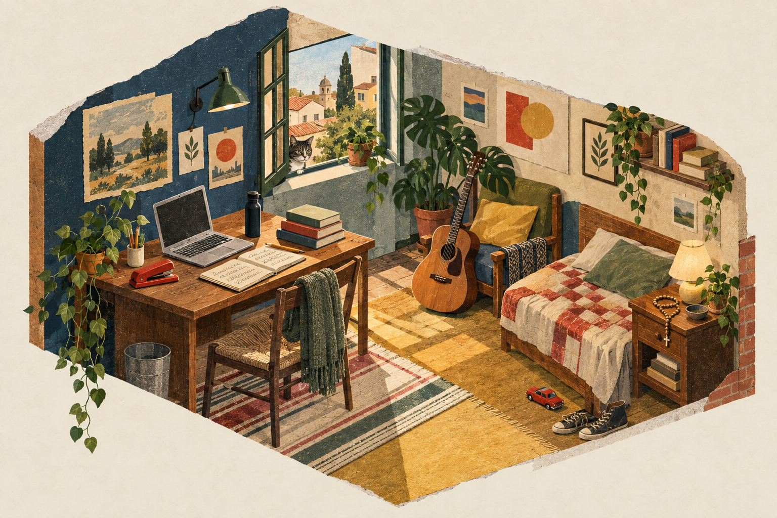 Cut-paper illustration of a cozy room filled with books, a desk, guitar, toy car, rosary and a curious cat