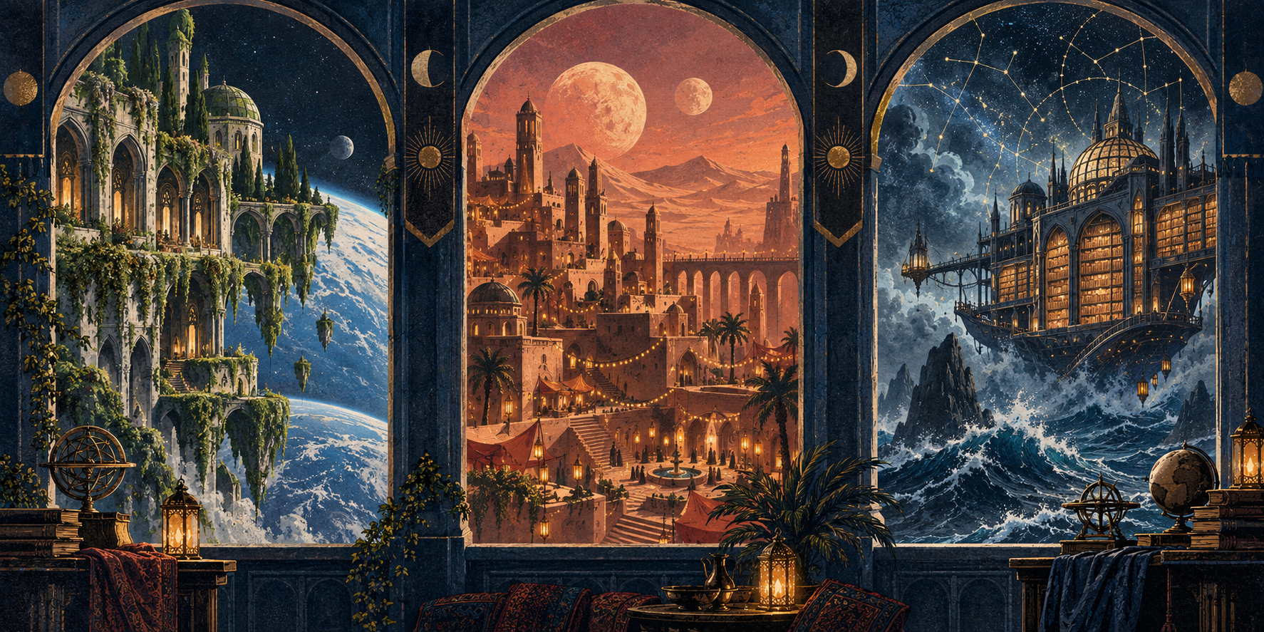 Three imagined worlds seen through an observatory: an orbital monastery, a lantern-lit desert city and a floating library