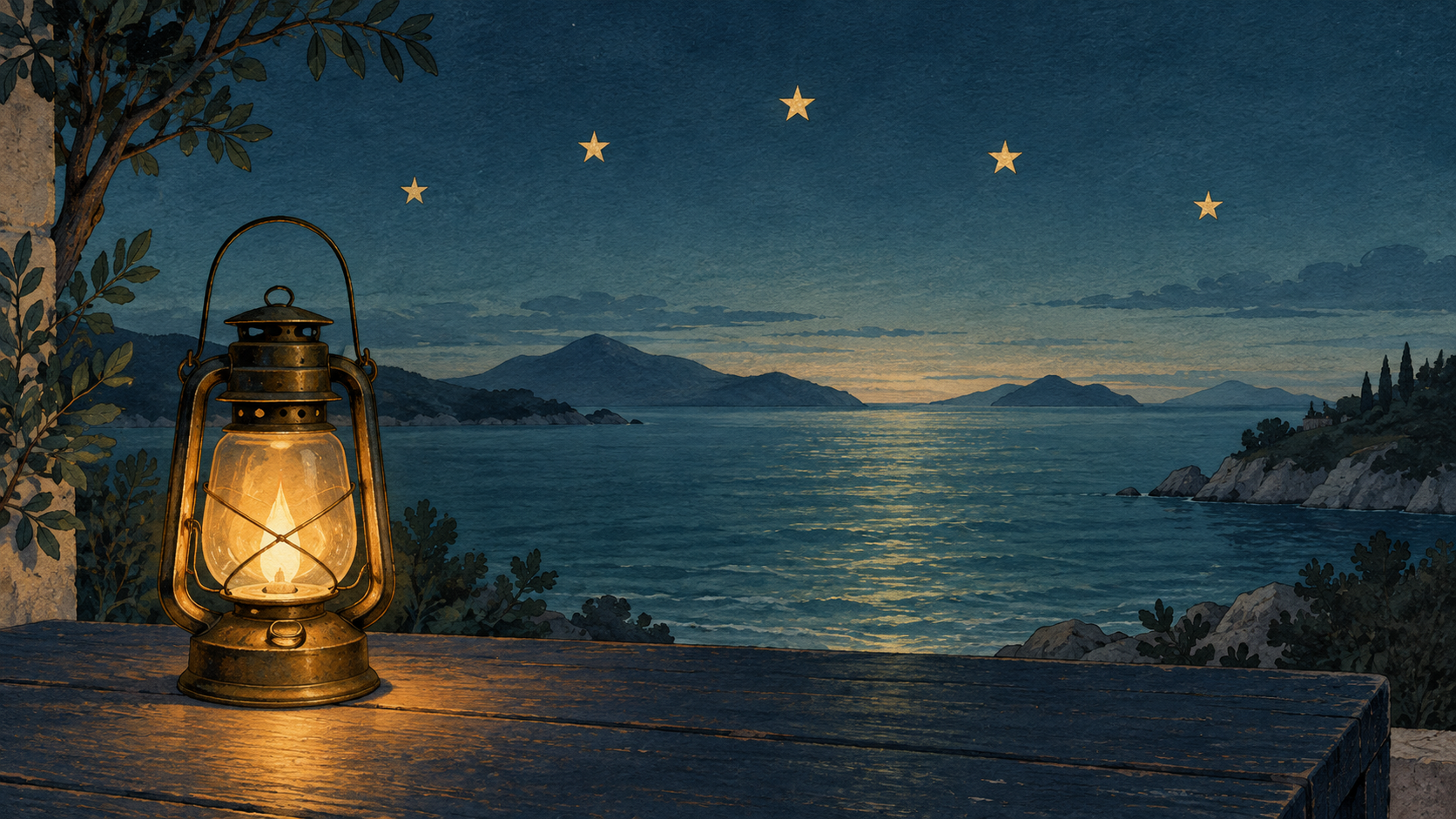 A warm brass lantern beside a tropical shore beneath five stars