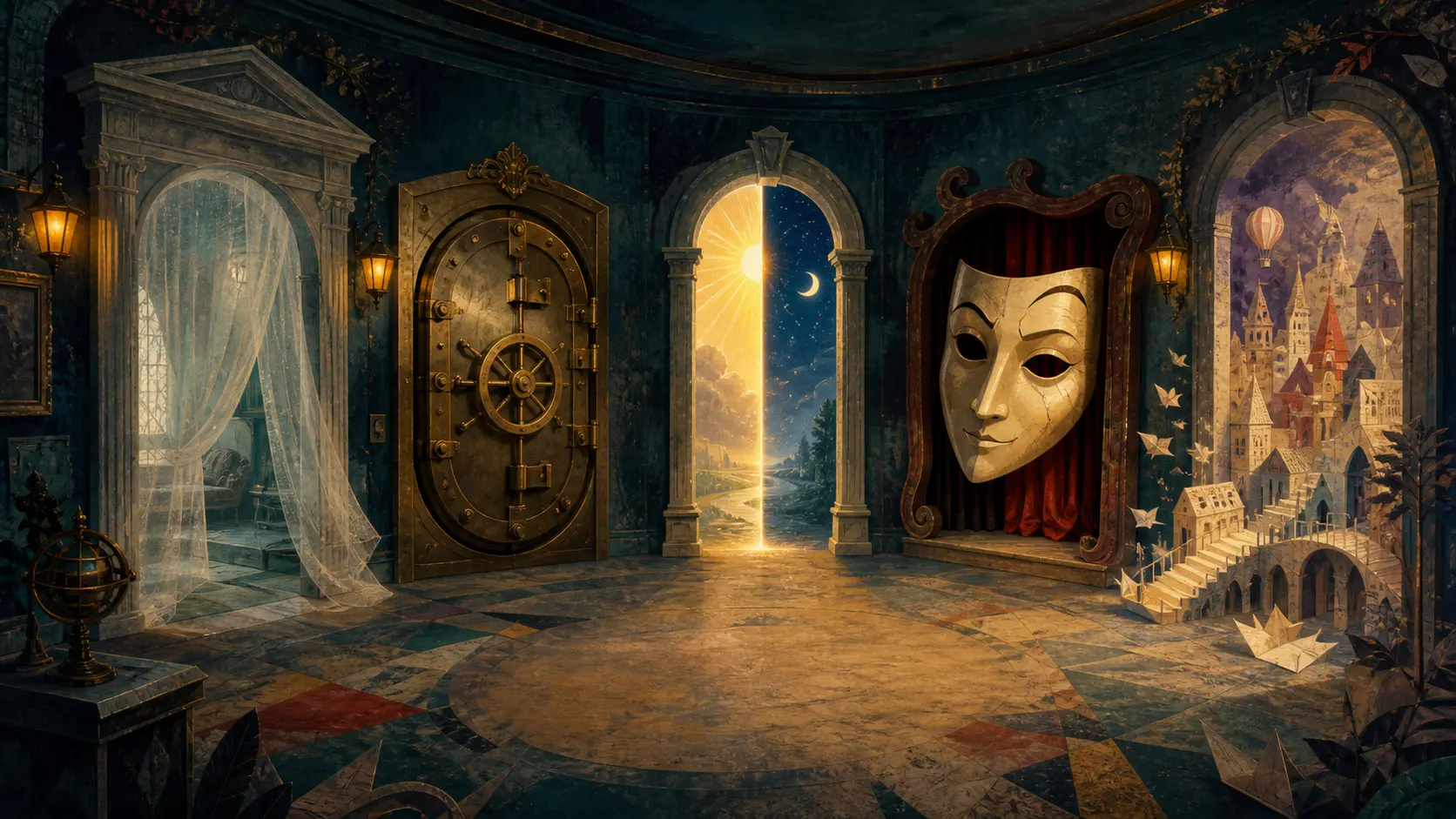 An illustrated museum corridor with five fantastical doorways