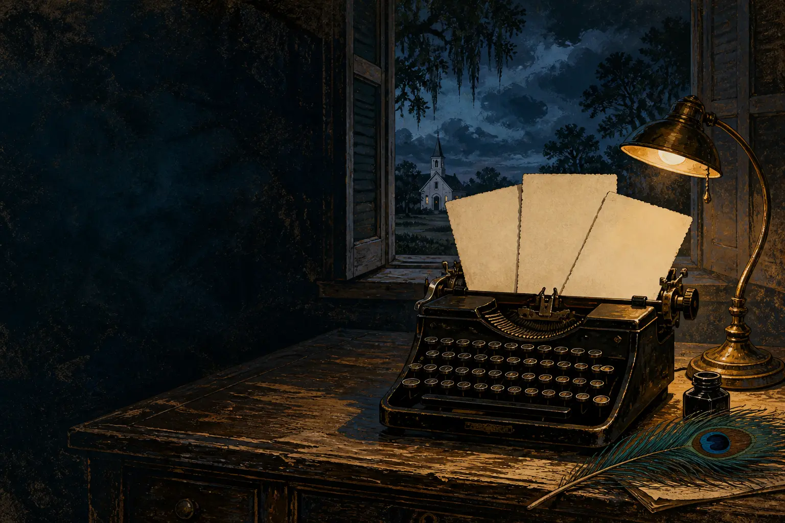 An old typewriter and three blank pages beneath a brass lamp, with a country church beyond an open window