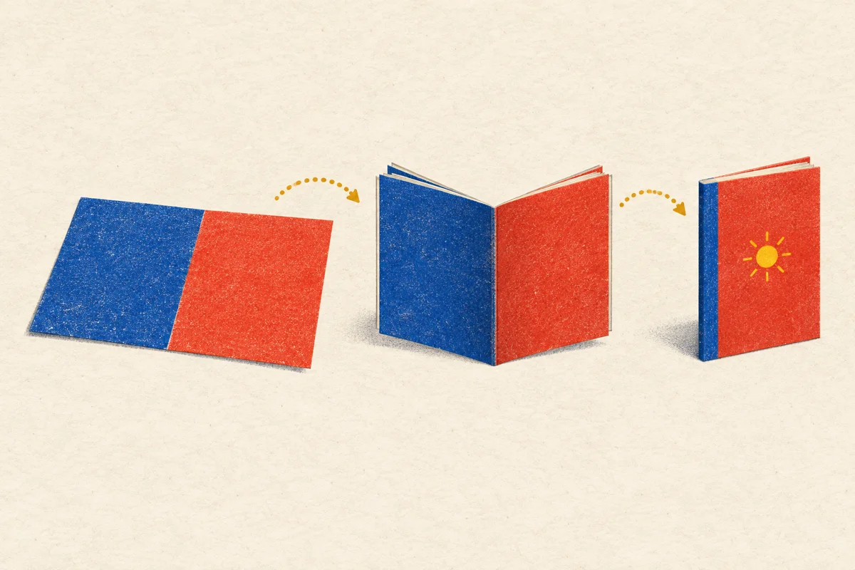 Original print-shop illustration: a flat sheet becomes nested folded sheets, then a pocket booklet