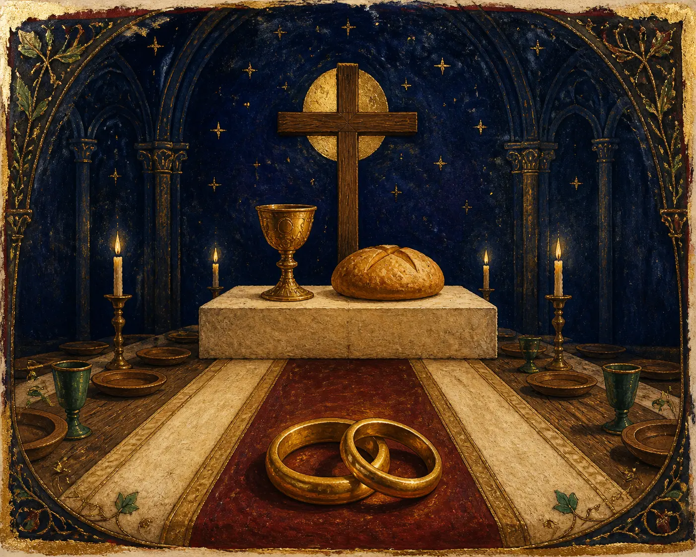Illuminated sacred scene with a banquet table, altar, chalice, bread, cross, and wedding rings