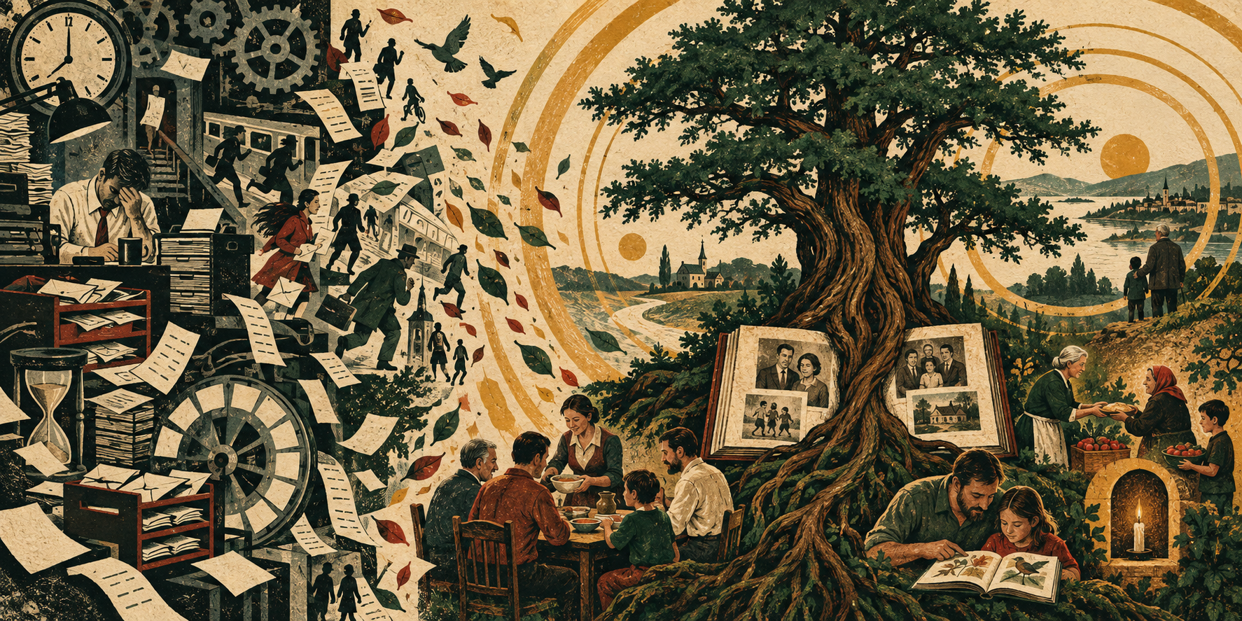 Painted clockwork errands giving way to a cedar tree, family table, learning, prayer, and golden rings