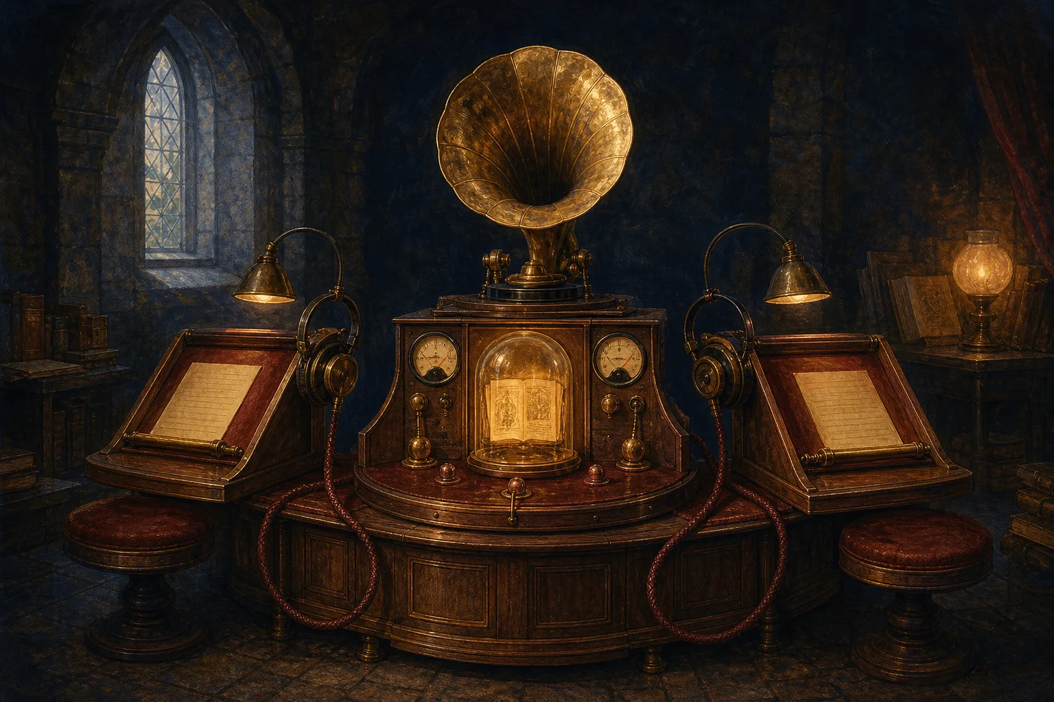 A painted brass and walnut memory-testing apparatus with a gramophone and twin study stations