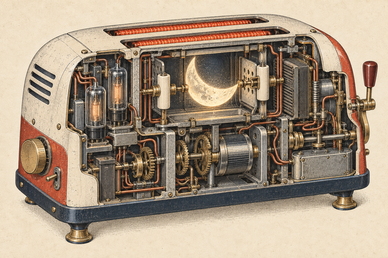 Vintage technical illustration of an impossible brass and glass machine with a crescent moon in its chamber