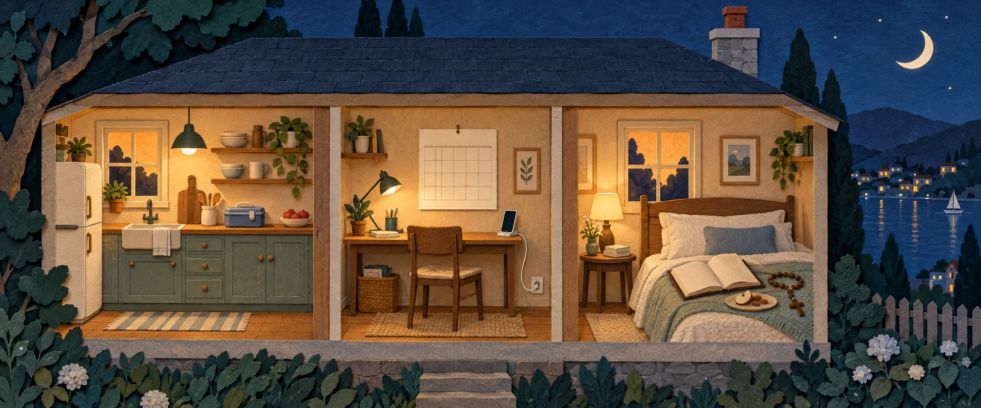 Cut-paper house at blue hour, with a tidy kitchen, planning desk, and peaceful bedroom nook