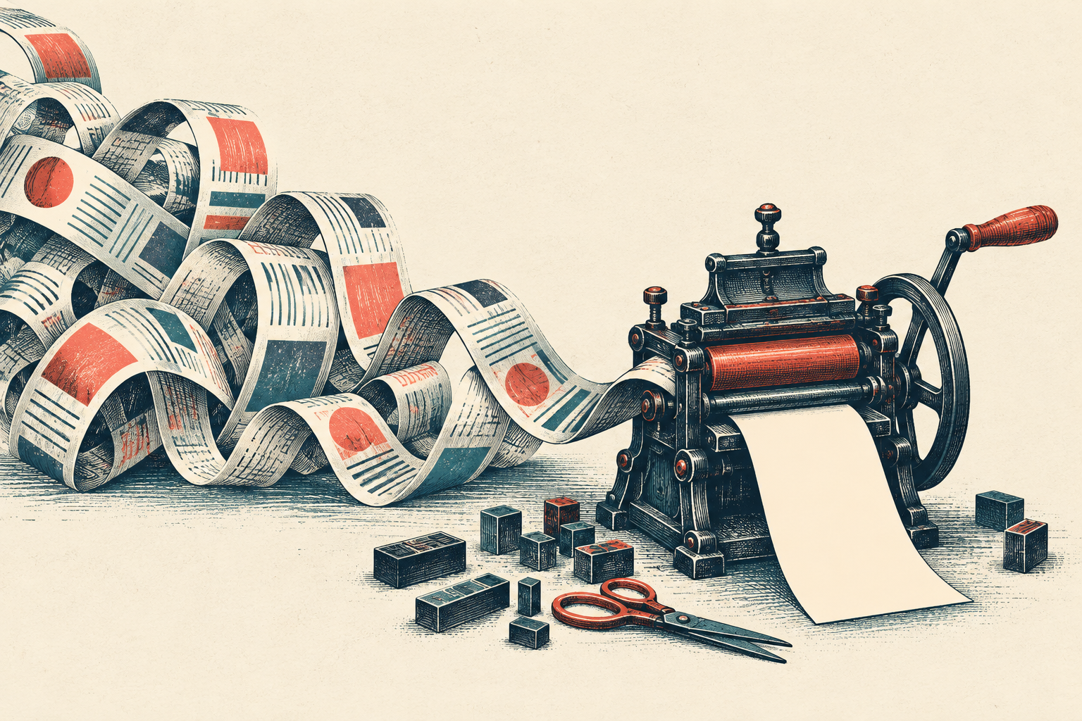 A miniature letterpress compressing a paper ribbon