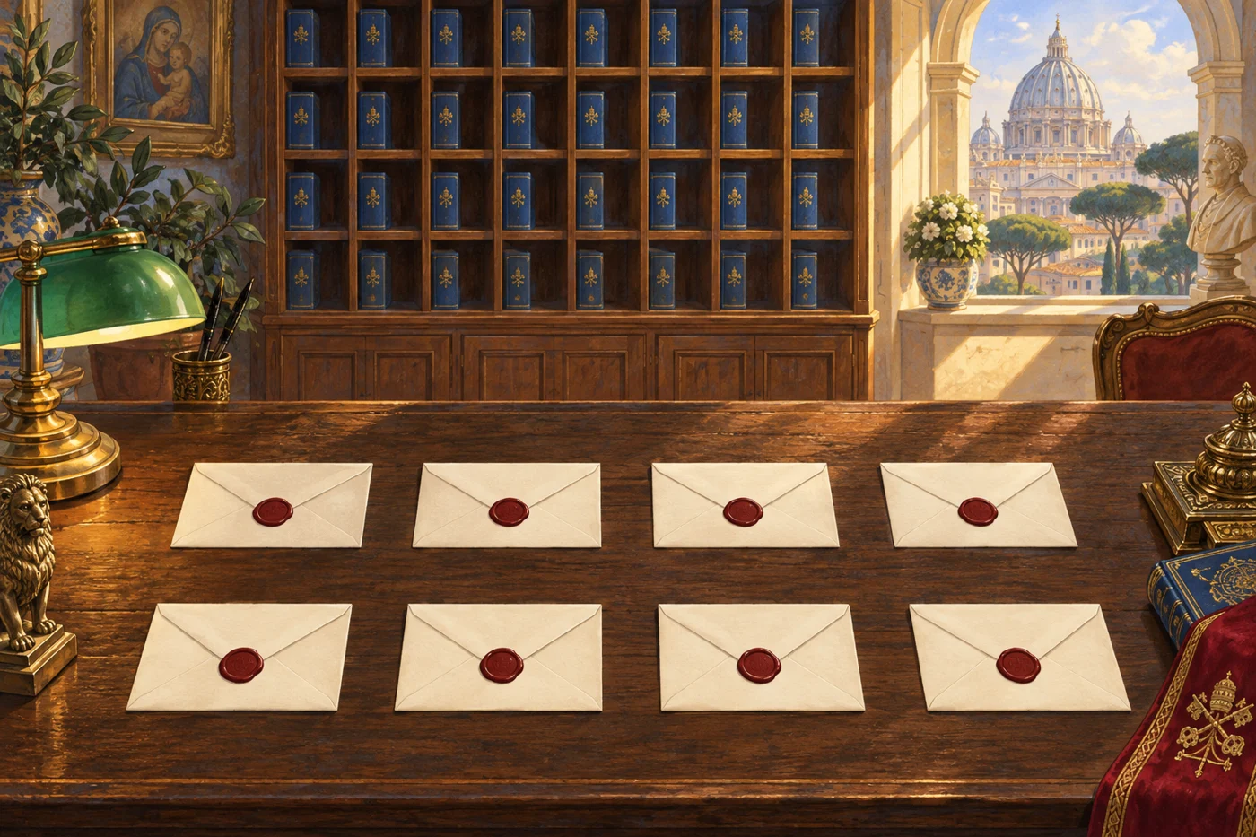 Original gouache illustration of a sunlit Vatican mailroom, with envelopes on a wooden sorting desk.