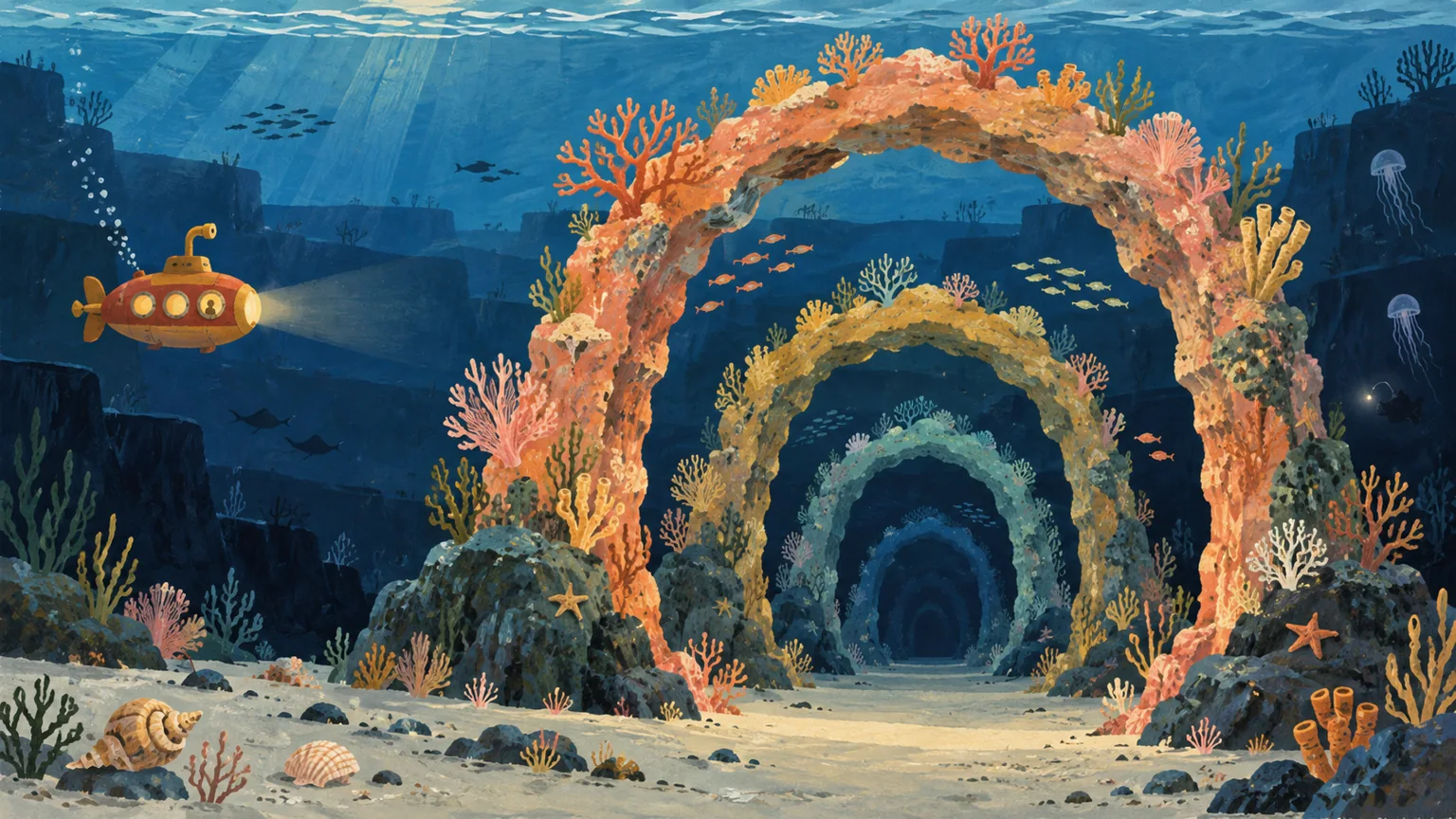 An original painted submarine expedition through glowing coral arches beneath a midnight-blue sea.