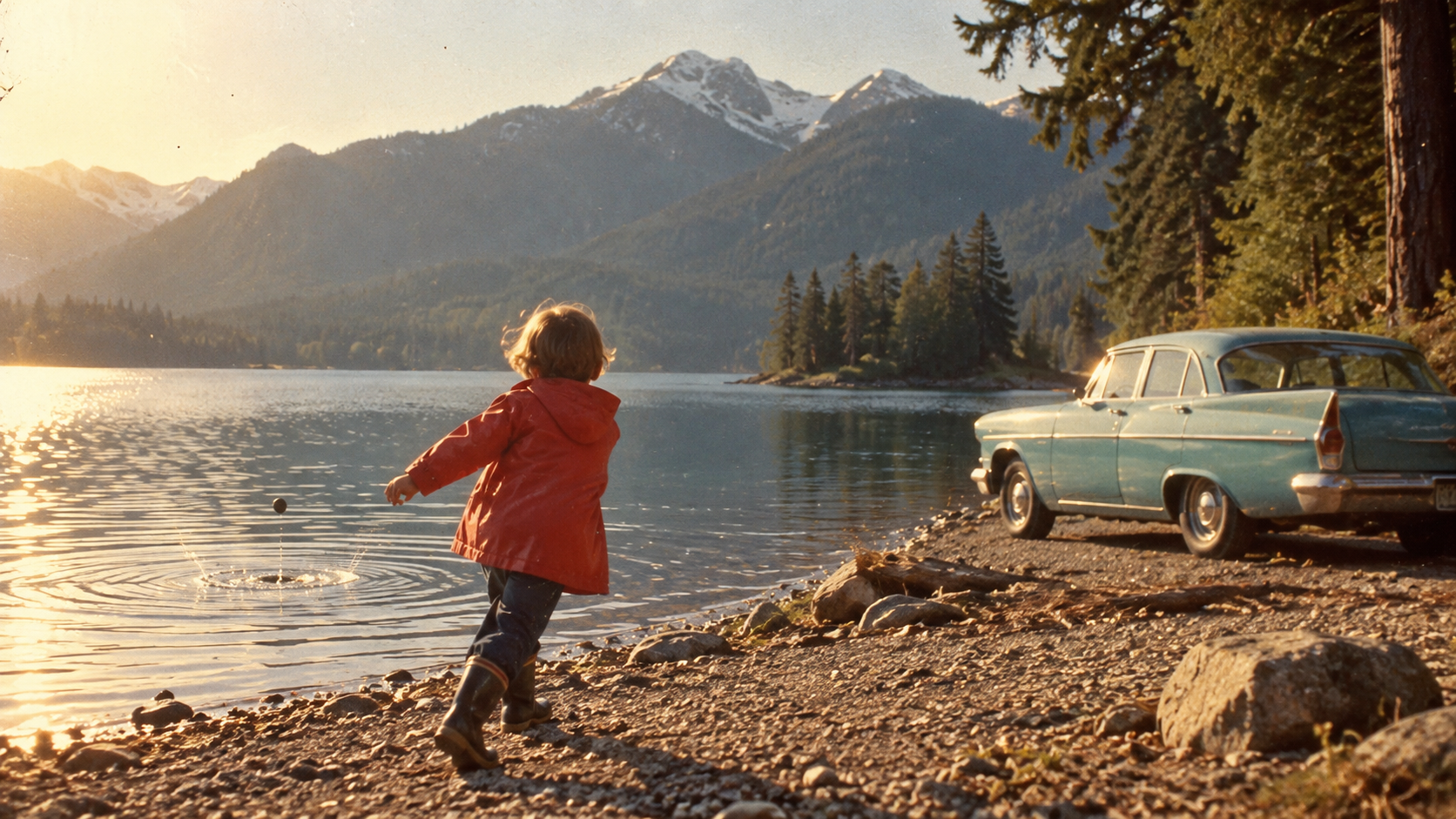A fictional vintage film still of a child at a lakeside beside a turquoise car