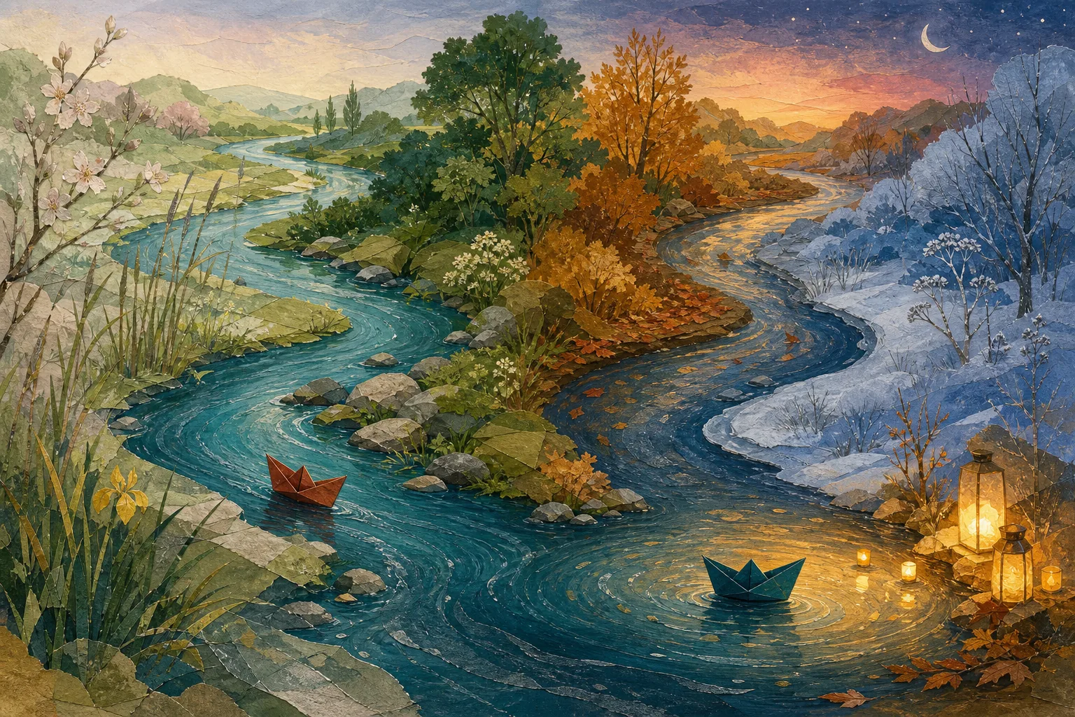 Two paper boats travelling along a painted river through four seasons toward a lantern-lit pool