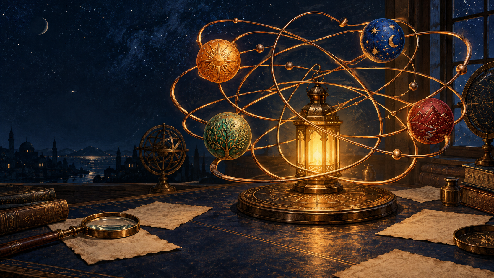 An illuminated orbit of ideas above an antique scholar’s desk