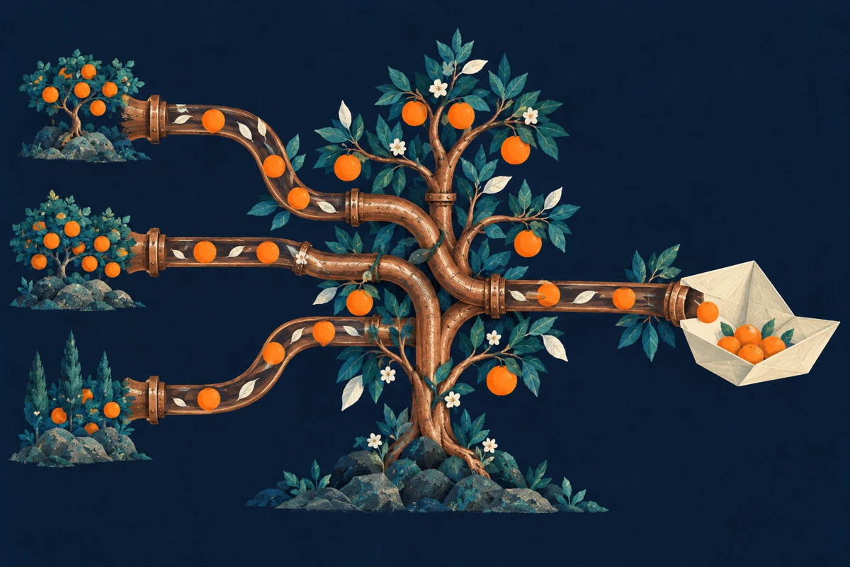 An illustrated orange grove whose copper branches deliver glowing signals into a paper reading tray.