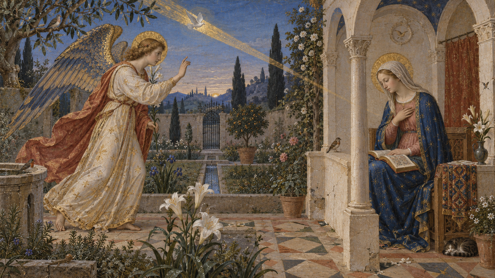 An original sacred painting of the Annunciation in a quiet walled garden at blue dawn