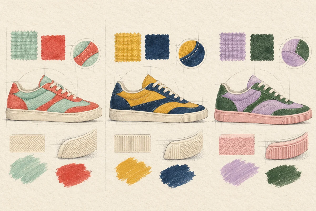Three original hand-painted sneaker colour studies: mint and coral, yellow and navy, lilac and green.