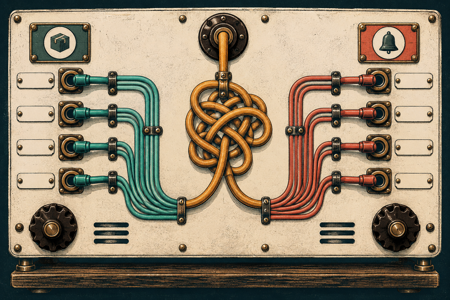 An illustrated vintage switchboard with a tangled central cable splitting into two tidy circuits
