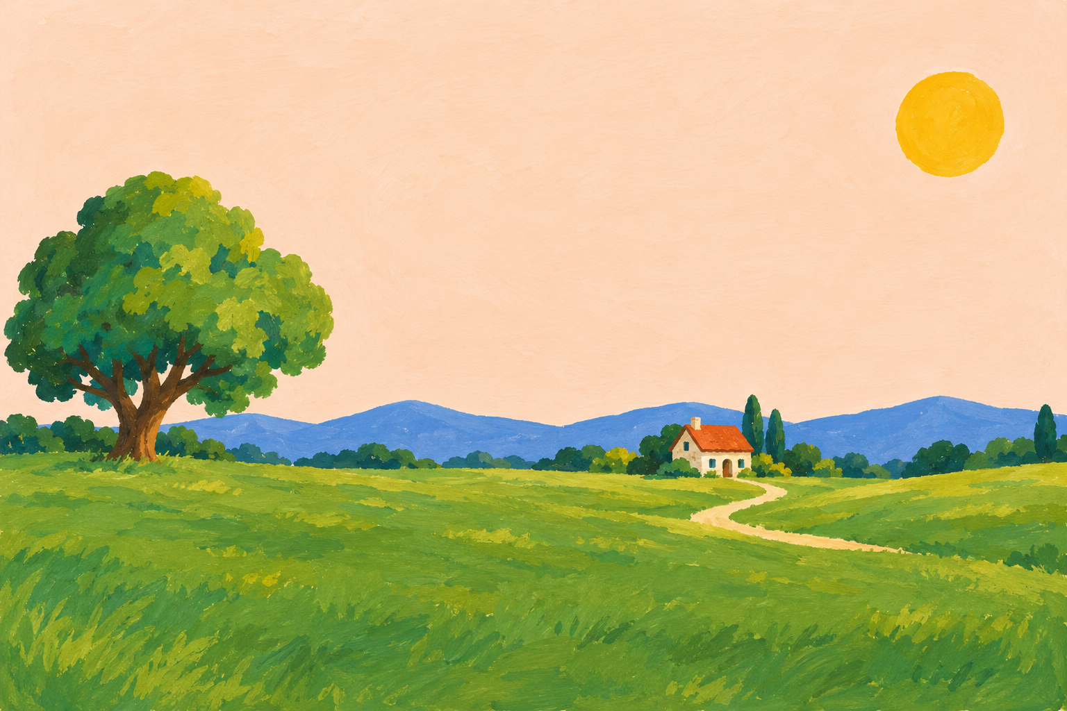 An original storybook meadow with a cottage, a tree, hills and an open sky