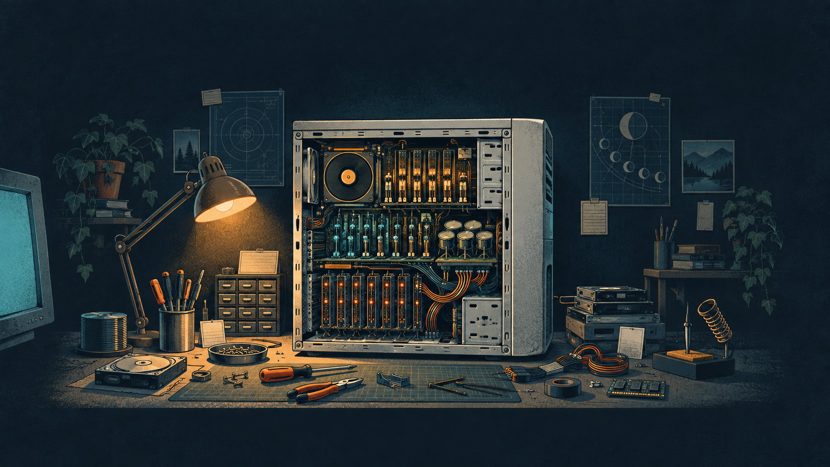 Illustrated computer workbench with glowing utility modules