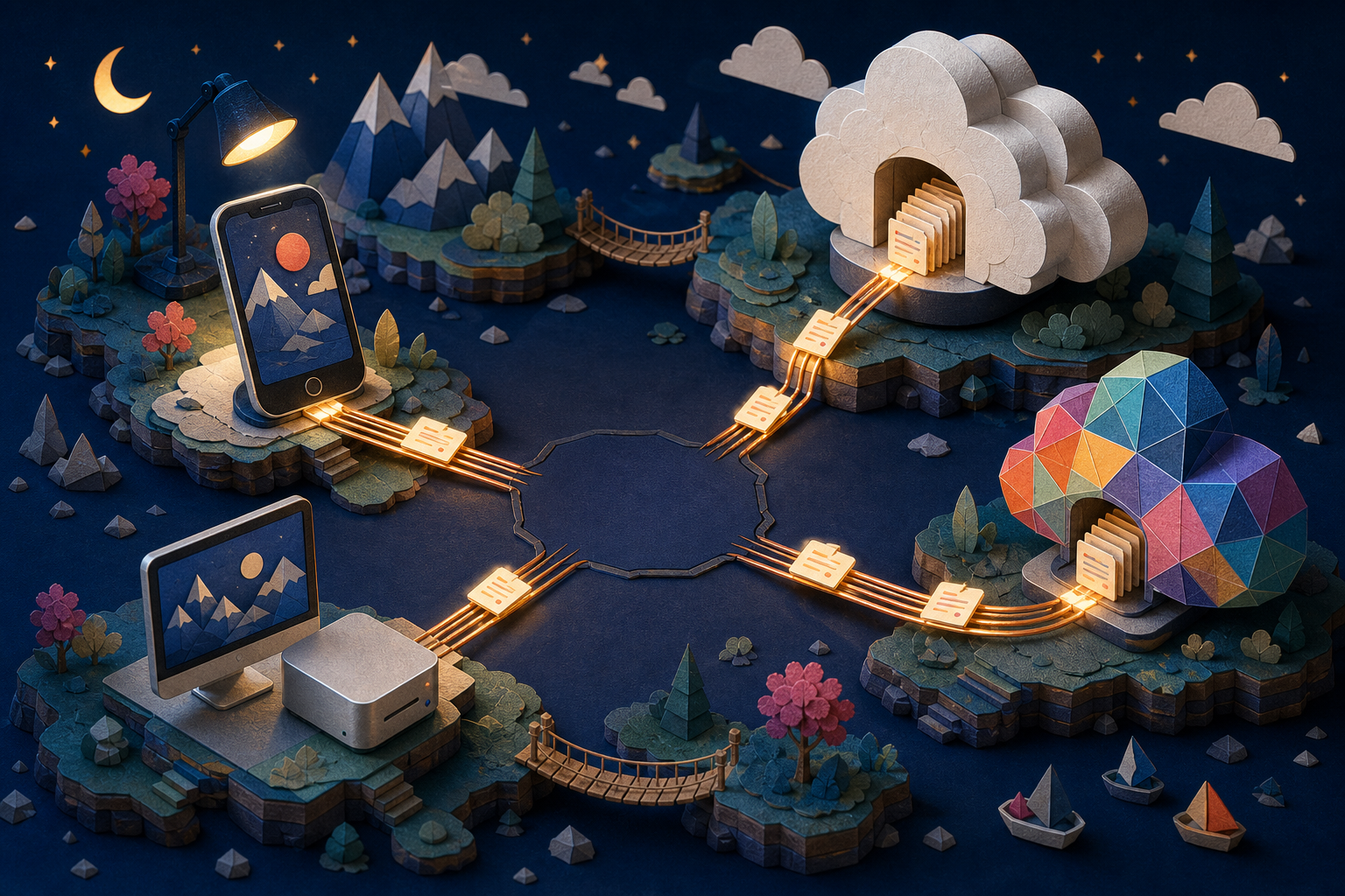 Papercraft map of a phone, Mac, and two cloud archives connected by glowing document rails