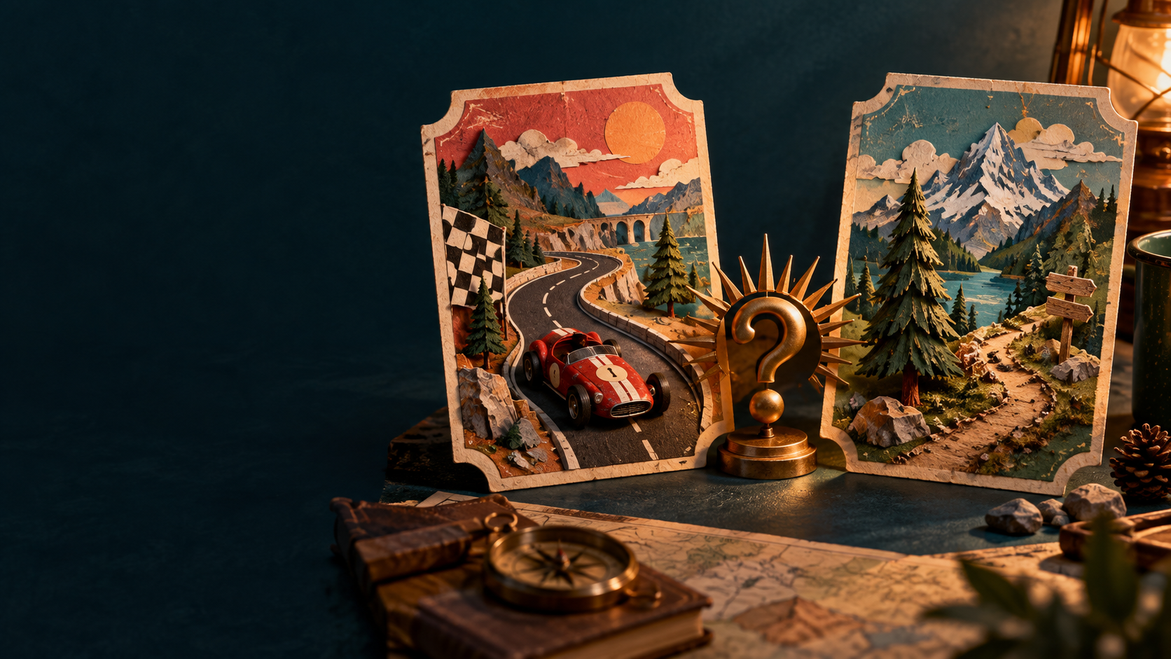 Illustrated tabletop with a little toy car and a forest trail on two opposing tickets