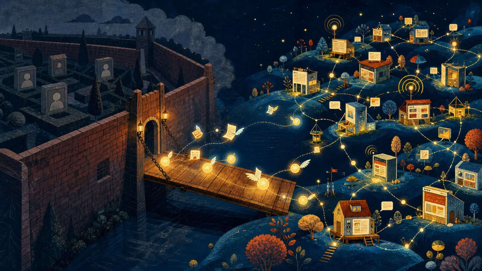 Glowing notes cross a drawbridge from a dark walled garden toward a network of warm personal websites