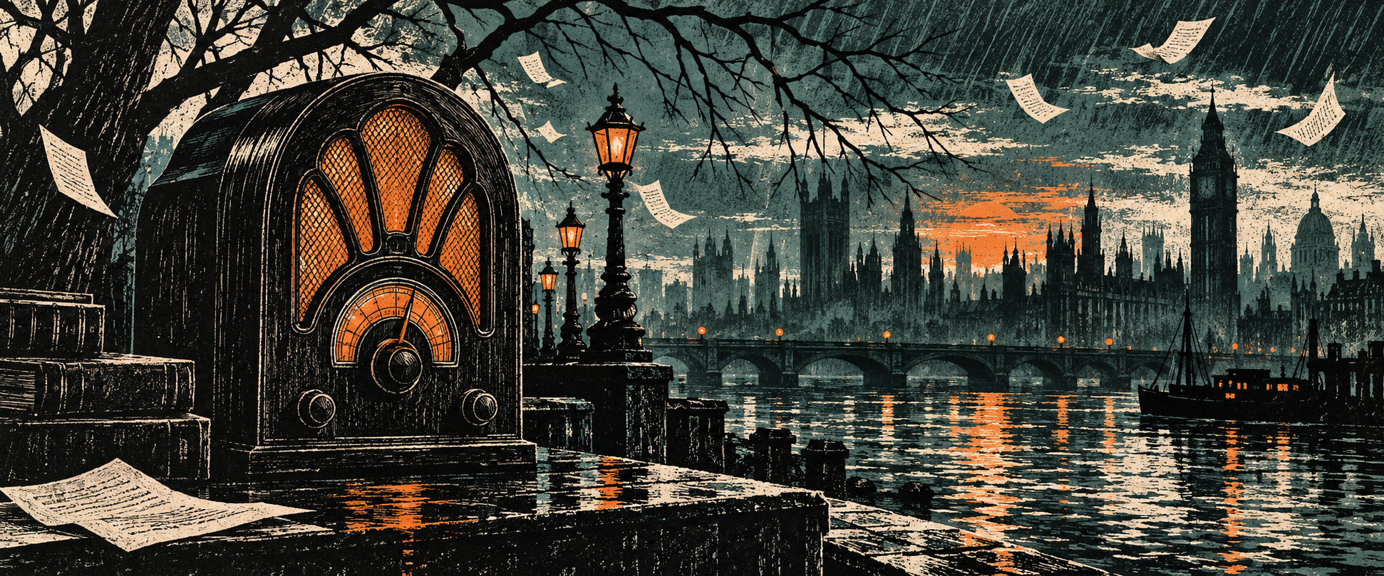 A linocut radio glowing beside a fractured, rain-dark London river