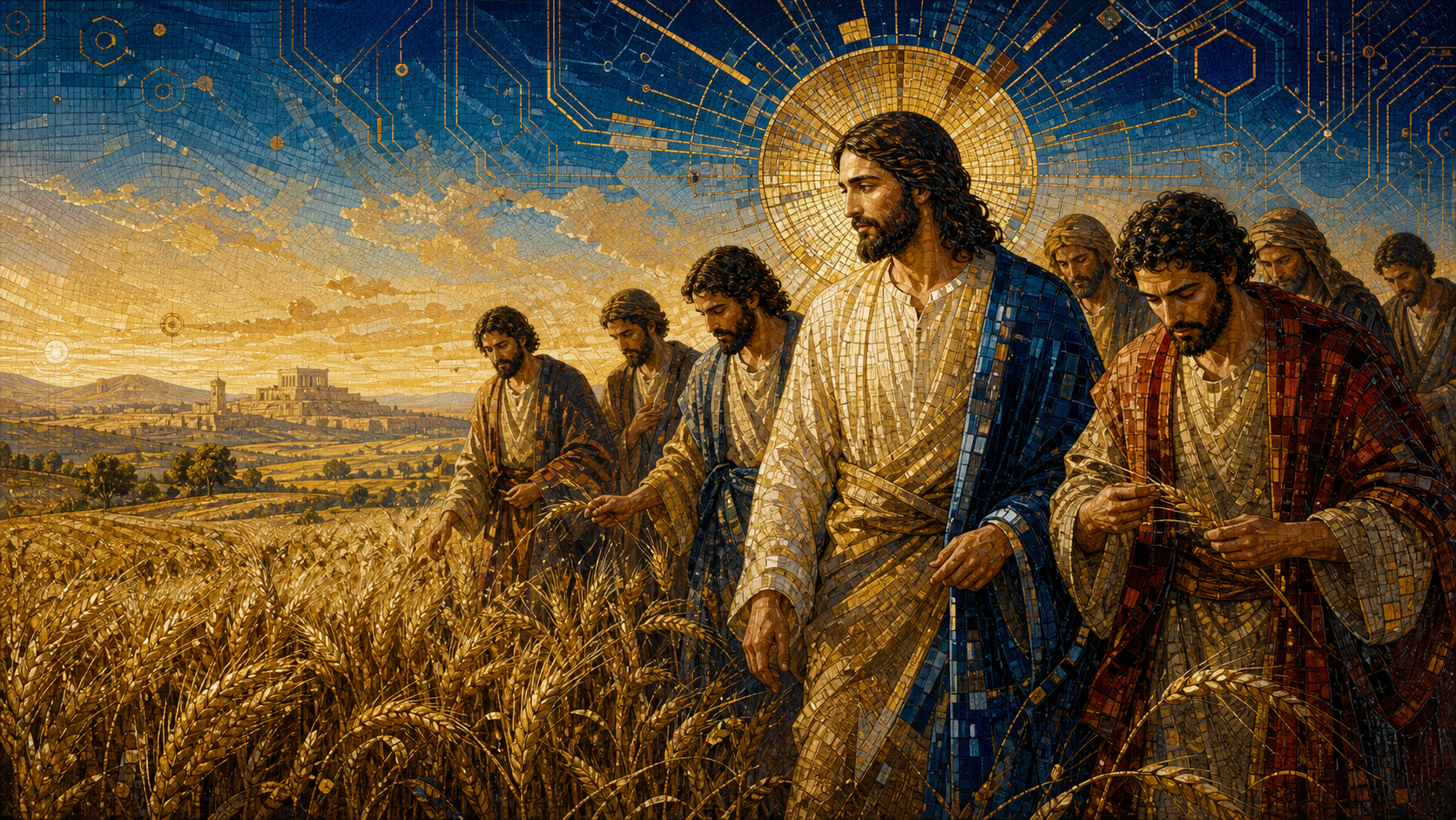 A mosaic-inspired image of Jesus and his disciples walking through a golden grain field
