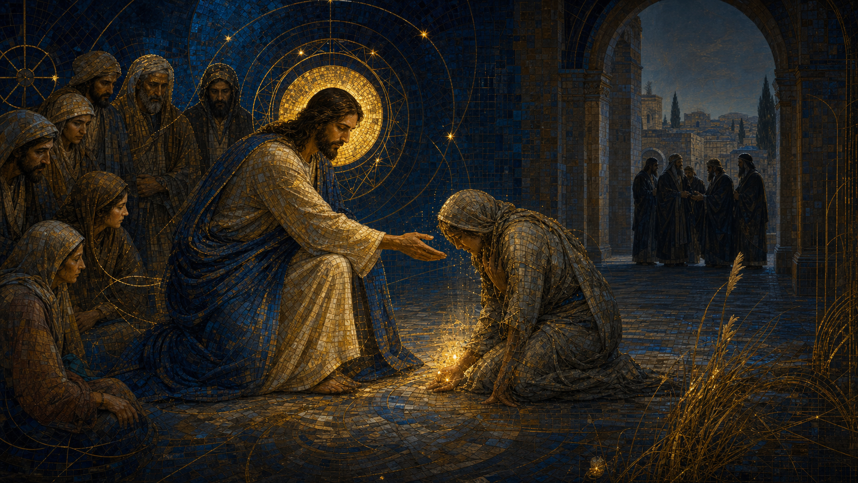 Christ quietly healing a fragile figure while hostile leaders confer in the distance, rendered as luminous mosaic and stained glass