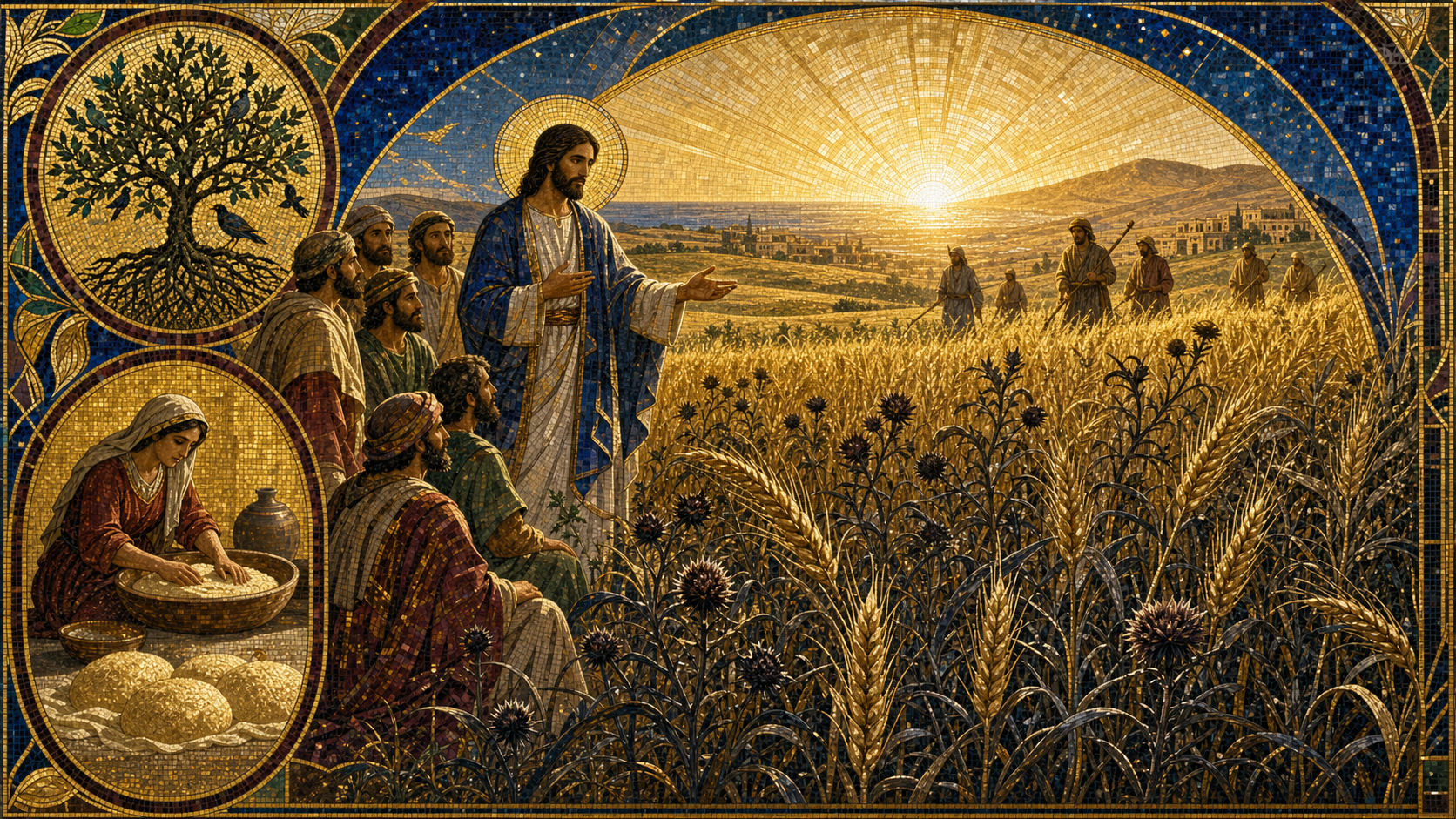 Christ teaching beside a field where golden wheat and dark cockle grow together, with reapers in the distance and mosaic panels of the mustard tree and leaven