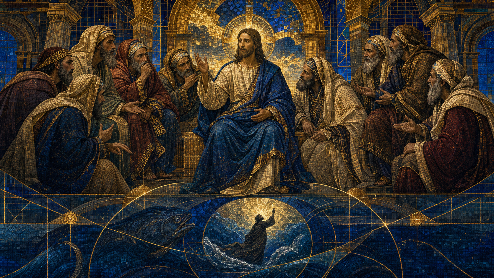 Christ answering scribes and Pharisees while the sign of Jonah glows beneath them, rendered in Byzantine mosaic, stained glass, and gold leaf