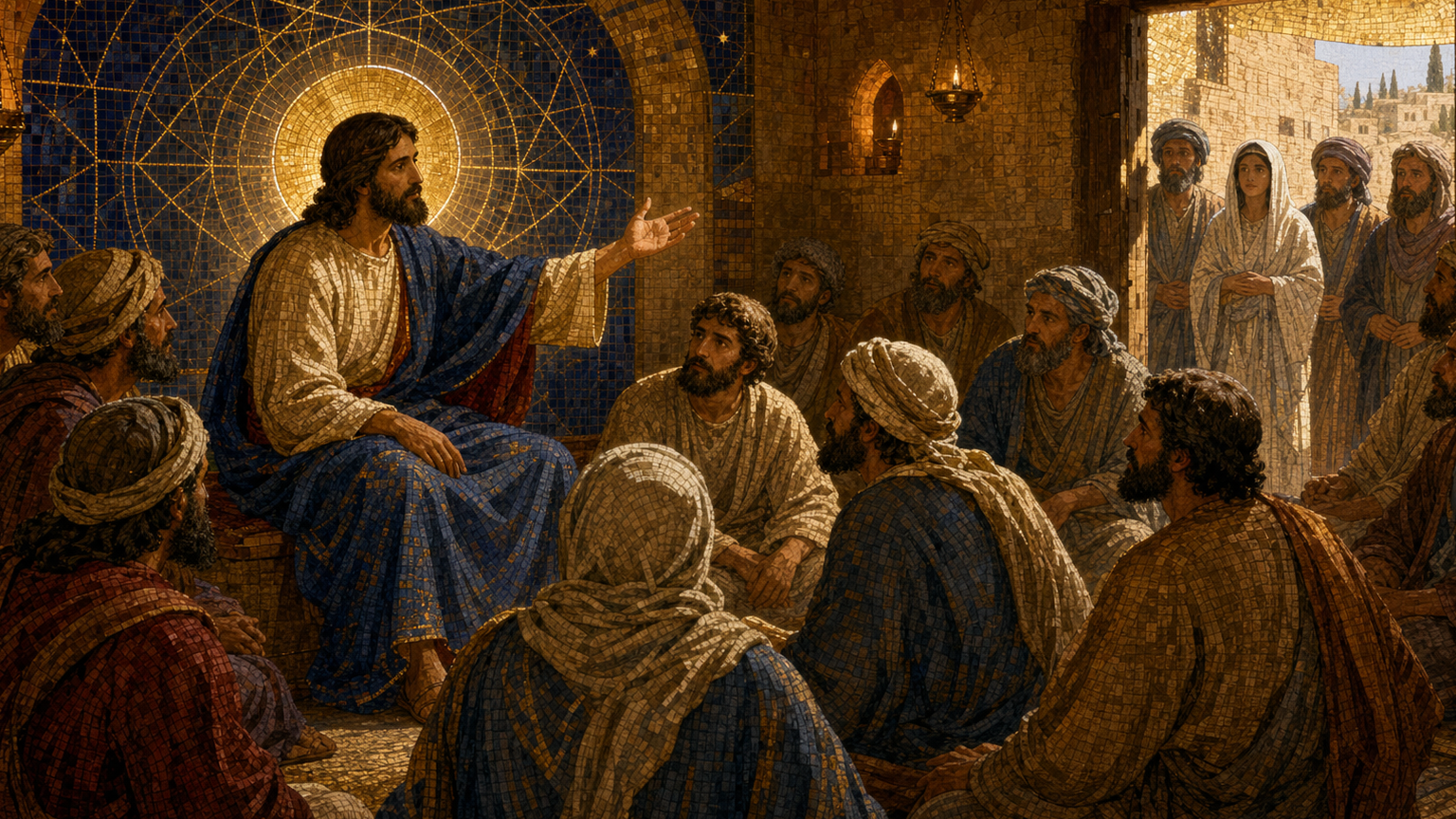 Christ extending his hand toward his disciples while Mary and his kinsmen wait at the doorway, rendered in Byzantine mosaic, stained glass, gold leaf, and luminous sacred geometry