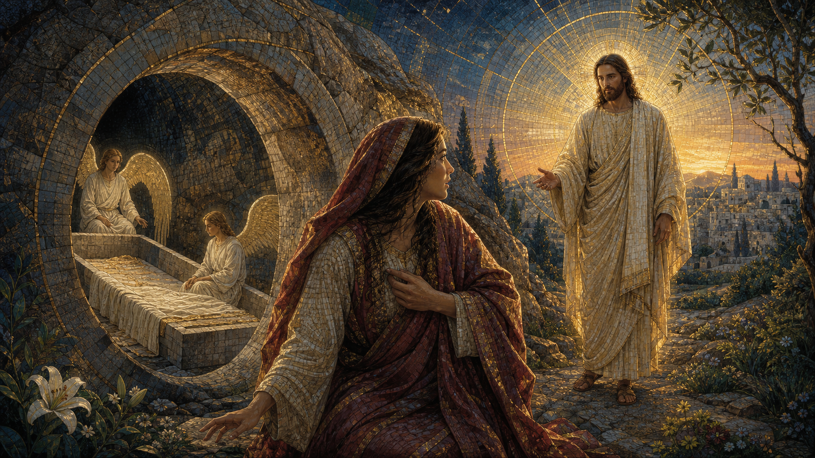 Mary Magdalene turning toward the risen Christ beside the open tomb at dawn while two angels sit within, rendered in Byzantine mosaic, stained glass, gold leaf, and luminous sacred geometry