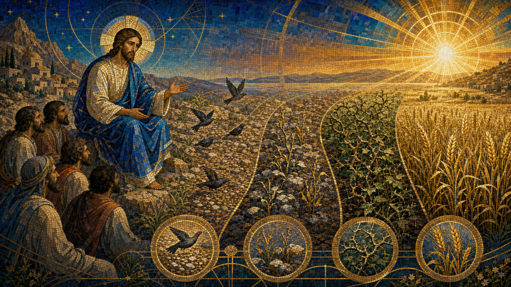 Christ explaining the parable of the sower to his disciples beside four kinds of ground—wayside, stones, thorns, and abundant grain—rendered in Byzantine mosaic, stained glass, gold leaf, and luminous sacred geometry