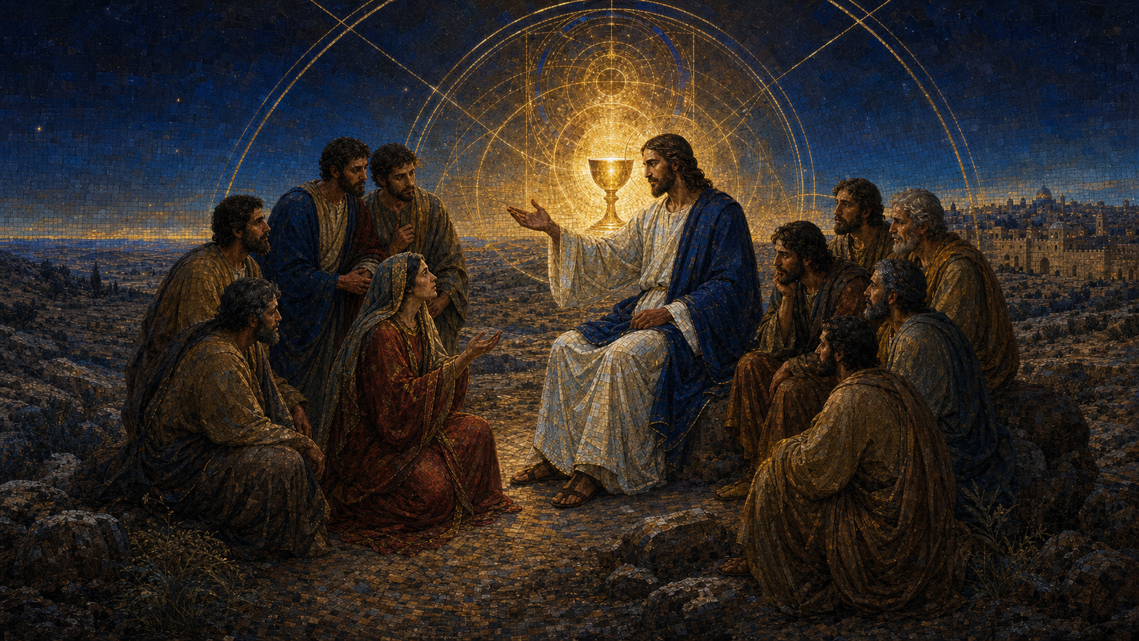 The mother of James and John kneeling before Christ with her sons as the other apostles look on, rendered in Byzantine mosaic, stained glass, gold leaf, and luminous sacred geometry