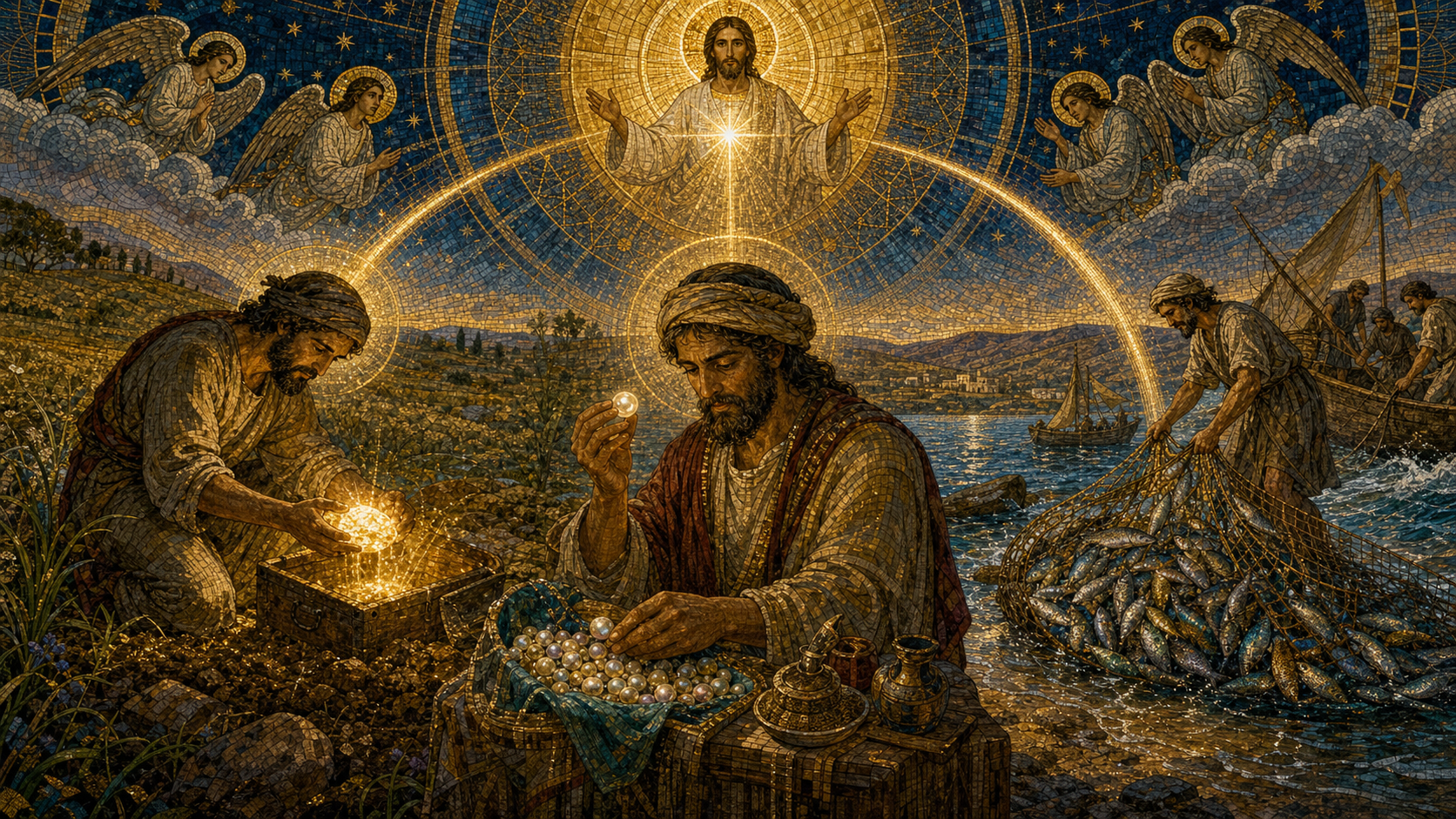Christ uniting the parables of a man finding treasure, a merchant holding a precious pearl, and fishermen drawing a full net ashore in Byzantine mosaic, stained glass, gold leaf, and luminous sacred geometry