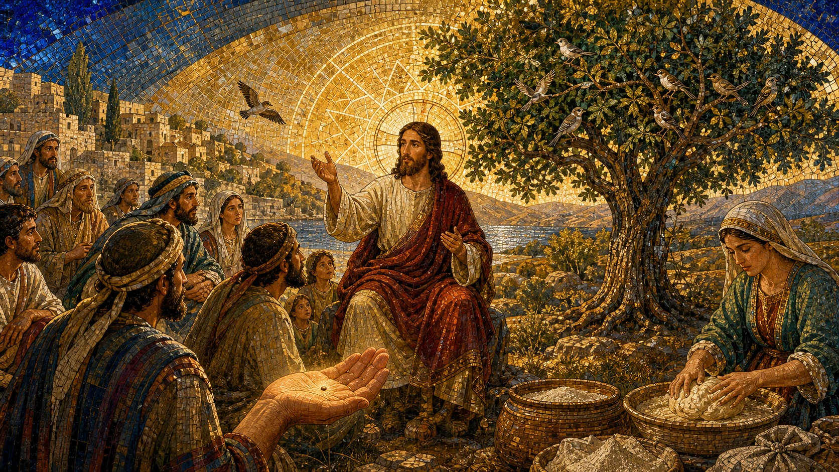 Christ teaching the parables of a tiny mustard seed growing into a bird-filled tree and a woman hiding leaven in meal, rendered in Byzantine mosaic, stained glass, gold leaf, and luminous sacred geometry