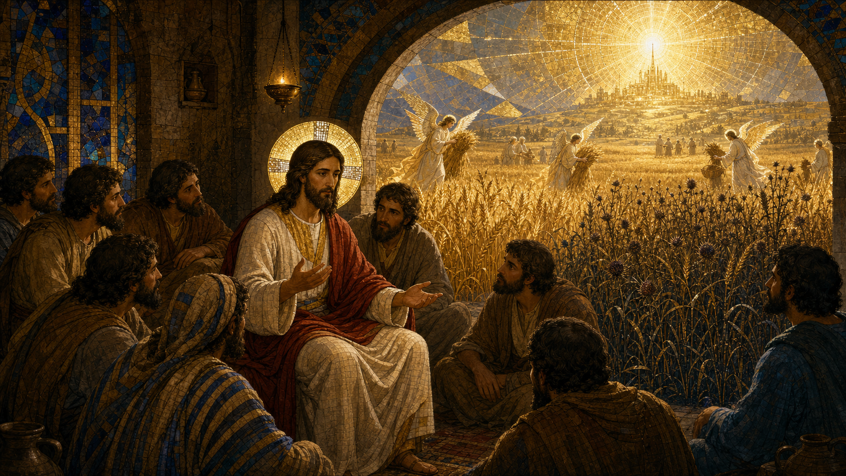 Christ teaching his disciples inside a first-century house while a luminous field of wheat and cockle opens beyond them and angels gather the harvest, rendered in Byzantine mosaic, stained glass, gold leaf, and sacred geometry